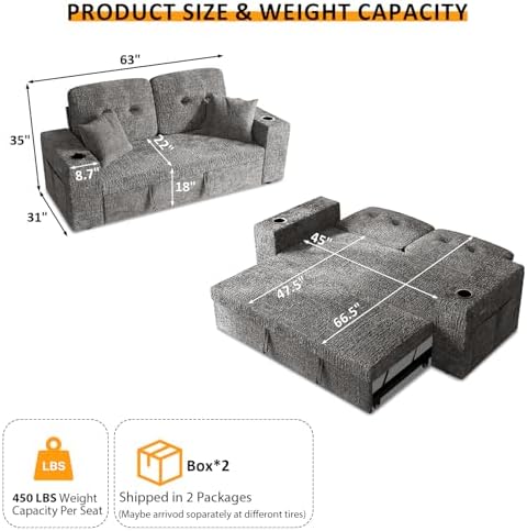 63 Inch Sleeper Sofa Bed, 3 in 1 Pull Out Couch Bed - Image 3