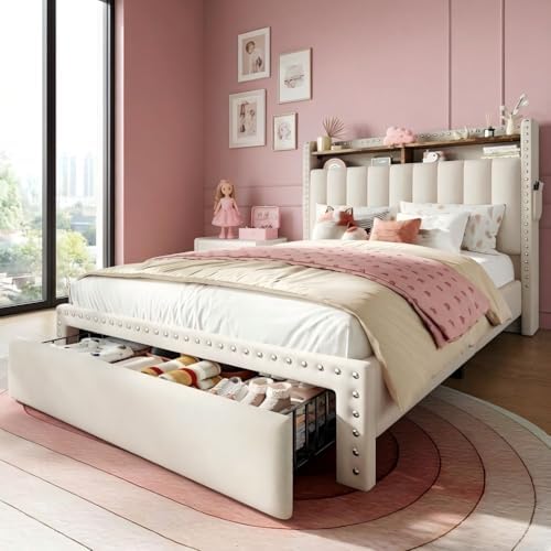 EnHomee Twin Bed Frame with Large Drawer & 2-Tier Storage Headboard Shelf by EnHomee