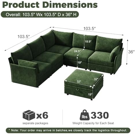 ABCASA Oversized Modular Sectional Sofa Green, L-Shaped Convertible Couch - Image 2