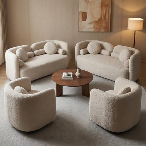 4-Piece Beige Boucle Sofa Set, 2 Loveseats & 2 Accent Chairs - Image 3