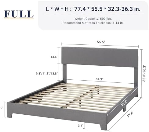 Allewie Full Size Upholstered Bed Frame Adjustable Headboard, Light Grey - Image 2
