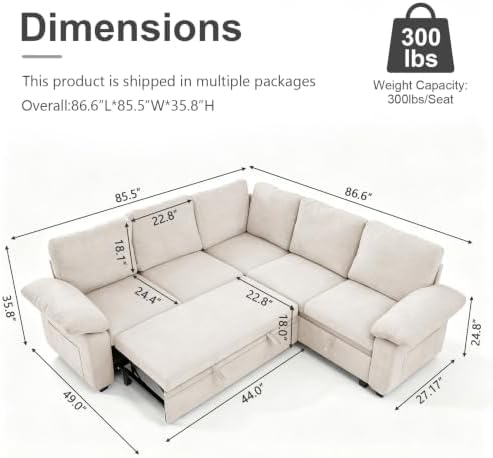 85'' Modular Sectional Sleeper Sofa, L Shape Pull Out Sofa Bed - Image 2