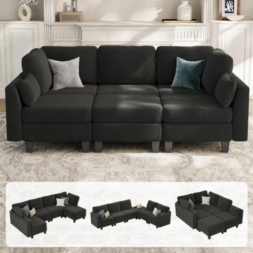 Sectional Sleeper Sofa, 6 Seaters Modular Sleeper Sofa Couch, Dark Grey by Mangodan