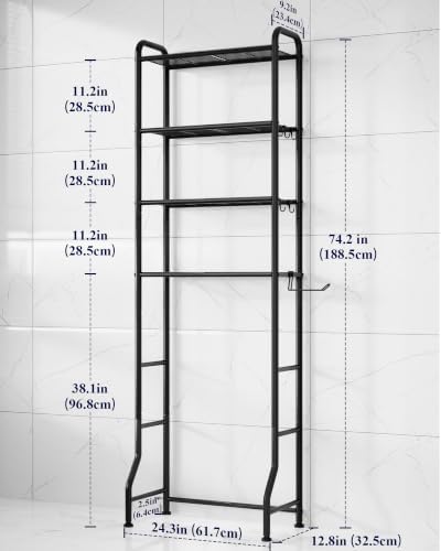Kitsure Over Toilet Storage Rack, 74.2" H Space-Saving, Holder & Hooks - Image 2