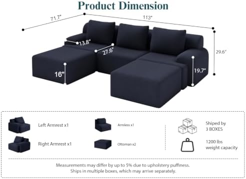 113" Boneless Couches for Living Room Oversized U-Shaped Blue-Grey - Image 2