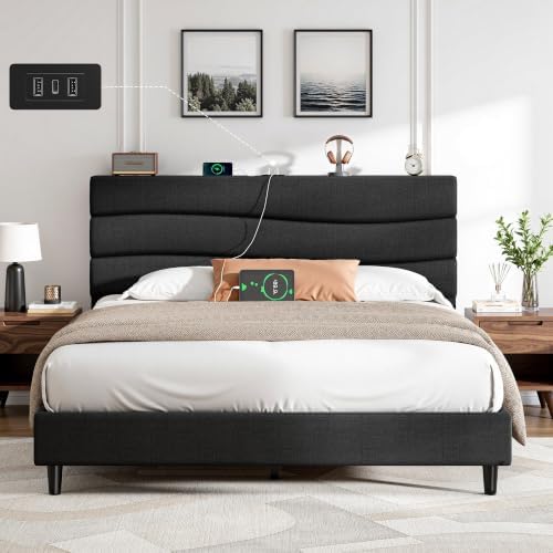 EnHomee Queen Bed Frame with Upholstered Headboard & Charging Station by EnHomee