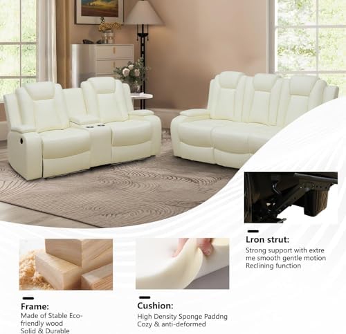 Cream White Power Recliner Sofa Set, Breathing Leather Reclining Couch Set - Image 6