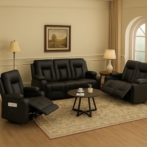 LUCKLIFE Faux Leather Recliner Sofa Set, Manual Living Room Furniture Sets by Unknown