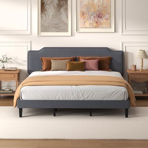 King Size Bed Frame with Upholstered Headboard, Platform Bed with Soft Linen by Chireca