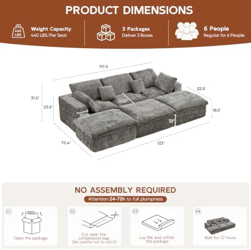 117.5" Oversized Boneless Sleeper Couch, Deep Seat Modular Sectional Sofa Bed - Image 2
