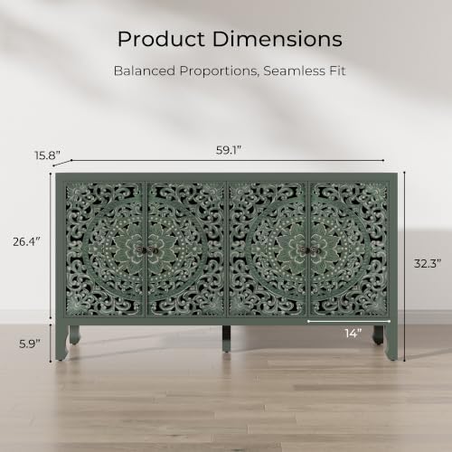 Buffet Cabinet with Storage, Accent Cabinet with 4 Carved Doors, Solid Wood - Image 2