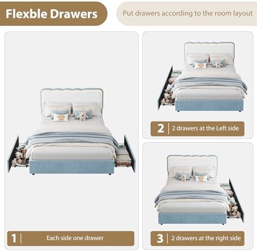 IDEALHOUSE Full LED Bed, 2 Drawer Trundle, Light Blue Wave Headboard - Image 5