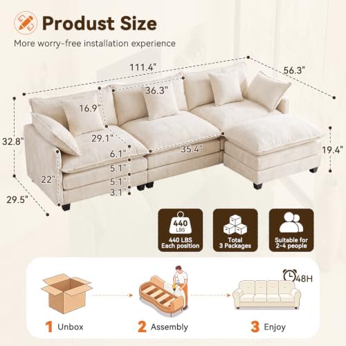 111.4" L‑Shaped Cloud Sectional Sofa Couch, Reversible Chaise - Image 2