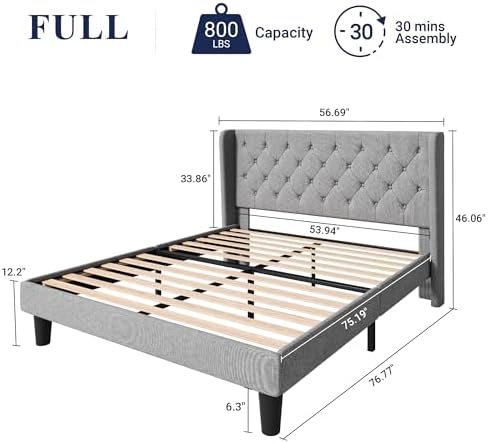 Allewie Full Bed Frame with Button Tufted Wingback Headboard, Light Grey - Image 2