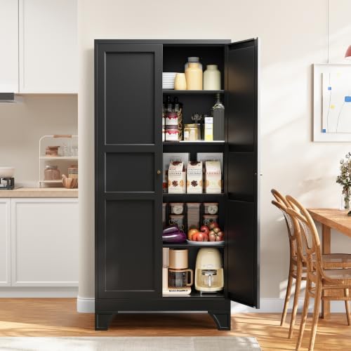 Black Tall Pantry Cabinet Kitchen Metal Garage Storage Cabinet Cupboard 75" by Yizosh
