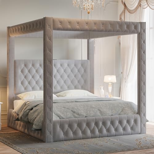 Jocisland King Canopy Bed Frame Velvet Upholstered Headboard by Jocisland