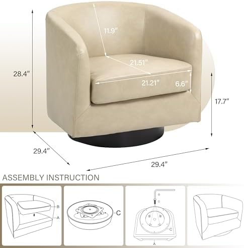 Pia Ricco Set of 4 Oversized Faux Leather 360° Swivel Barrel Accent Chair Cream - Image 2