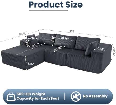 DUMOS 105" Modular Sectional Boneless Couch, Left Chaise L-Shaped Couch - Image 3