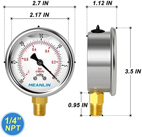 MEANLIN MEASURE -30inHG~0Psi Stainless Steel 1/4" NPT 2.5" FACE DIAL Vacuum - Image 2