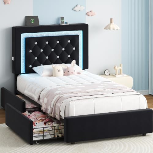 Twin Bed Frame with Storage Drawers and LED Lights, Velvet Upholstered Platform by JOCOEVOL