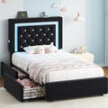 Twin Bed Frame with Storage Drawers and LED Lights, Velvet Upholstered Platform by JOCOEVOL