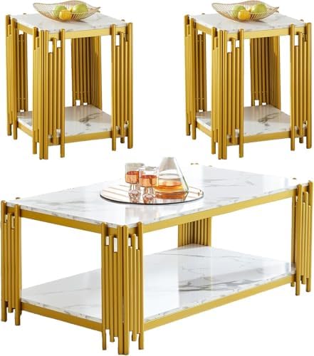 White Marble Coffee Table Set of 3, Faux Marble Coffee Table by Unknown