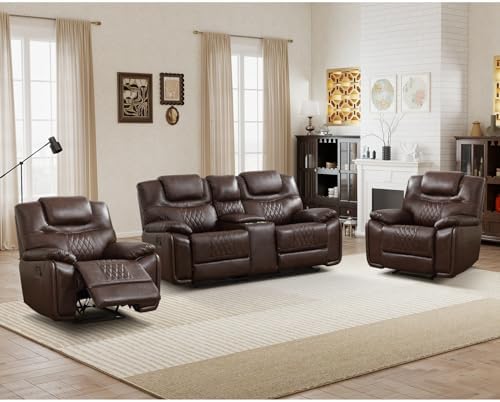 ANJ 3-Piece Manual Reclining Sofa Set, Premium Genuine Leather Reclining Sofas by ANJ
