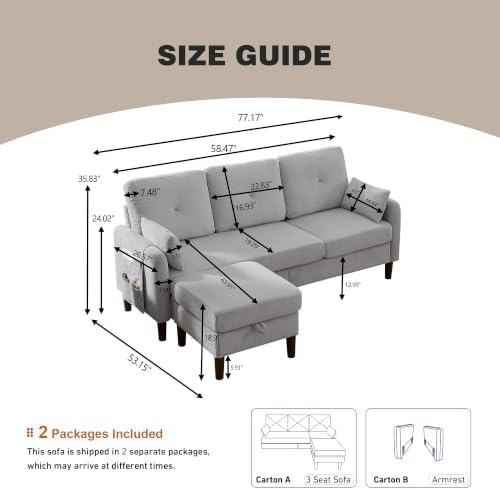 Modern Sectional Sofa with Storage Ottoman, L-Shaped 3-Seat Couch with 2 - Image 2