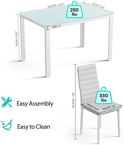 Gizoon White 7 Piece Glass Dining Table Set, Kitchen Table and Chairs Set - Image 4