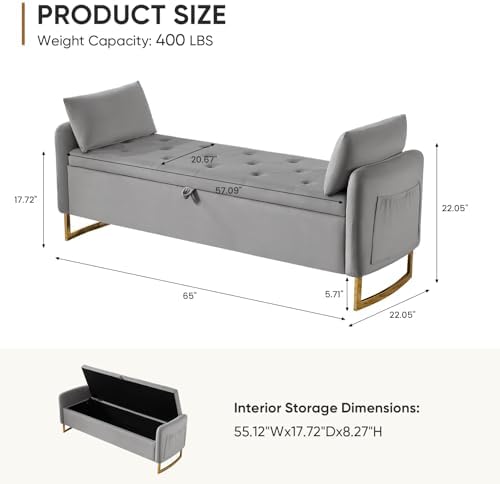 Storage Bench for Bedroom, 65 in End of Bed Storage Bench Light Grey - Image 2