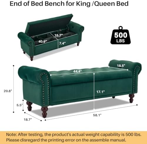 SOFTHION 58.1" Storage Bench for Bedroom, Velvet Upholstered, Dark Green - Image 2