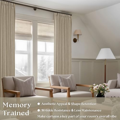 Pinch Pleated Linen Gray Beige Semi Sheer Curtains 102 Inches Long 2 Panels - Image 2