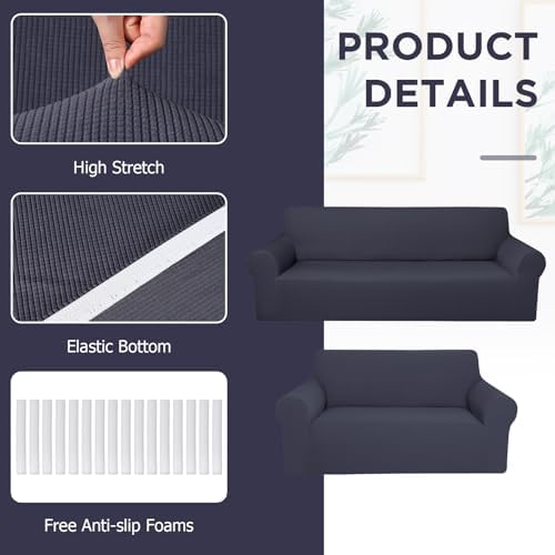 Peryiter 2 Pcs Couch and Loveseat Sofa Covers, Dark Gray - Image 3