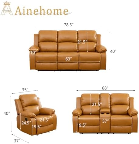 A Ainehome 3 Pieces Living Room Furniture Sets, Manual Leather Recliner Sofa Set - Image 2