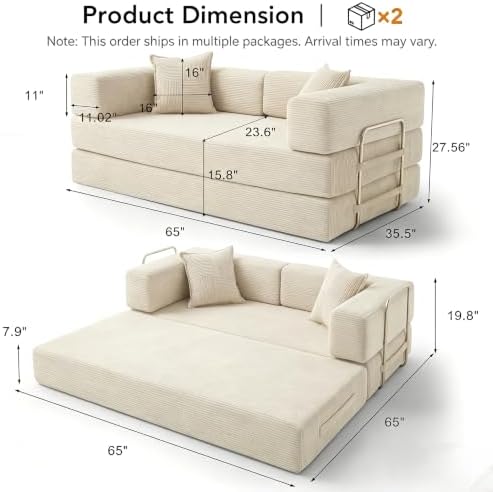 WEUP 5-in-1 Convertible Sofa Bed, Corduroy Floor Sofa Loveseat Sleeper - Image 3