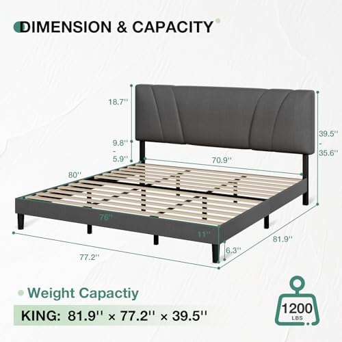 Novilla King Bed Frame and Headboard, Linen Upholstered King Size Bed Frame - Image 2