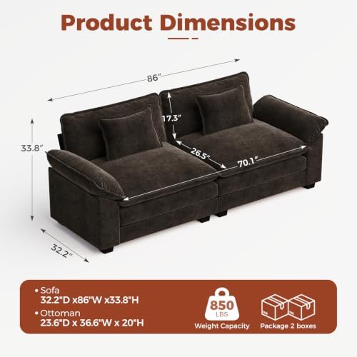 CDCASA 86" Modular Sectional Sofa, Comfy L-Shaped Cloud Couch, 2-Seater - Image 2