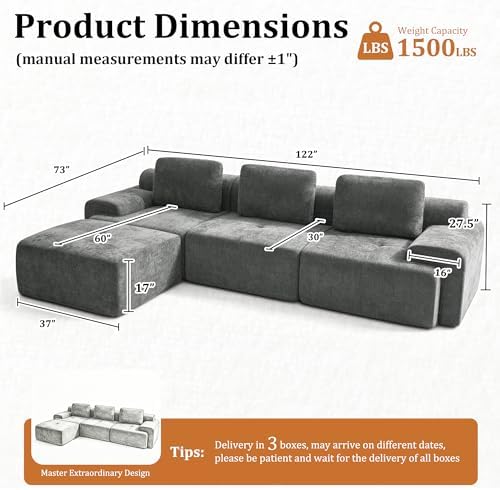 122" L Shaped Oversized Boneless Couch, Comfort Cloud Sectional Couches - Image 2