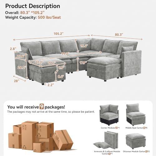 105" Light Grey Modular Storage Sofa, U Shaped Chenille Couch - Image 2