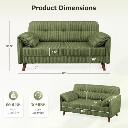 Apicizon 65" Loveseat Sofa, Corduroy Loveseat Couch - Image 2