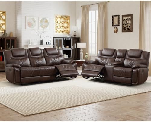 ANJ 2-Piece Manual Reclining Sofa Set, Premium Genuine Leather Reclining Sofas by ANJ