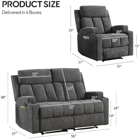 CANMOV Manual Recliner Sofa Set, Fabric Recliner Living Room Furniture Sets - Image 2