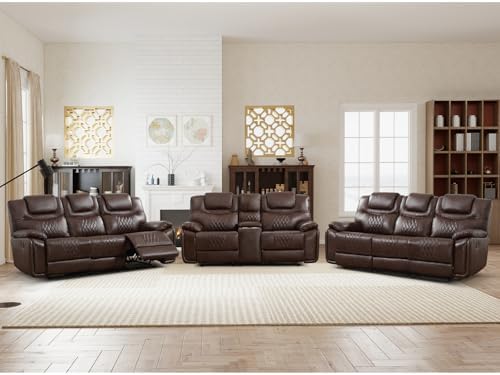 ANJ 3-Piece Manual Reclining Sofa Set, Premium Genuine Leather Reclining Sofas by ANJ