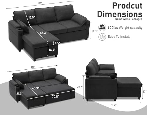 Sofa Bed Pull Out 2 in 1 Sectional Sleeper Sofa L Shaped Couch - Image 2