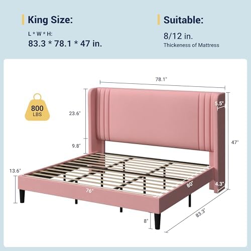 Allewie King Size Velvet Platform Bed Frame, Tall Wingback Headboard - Image 2