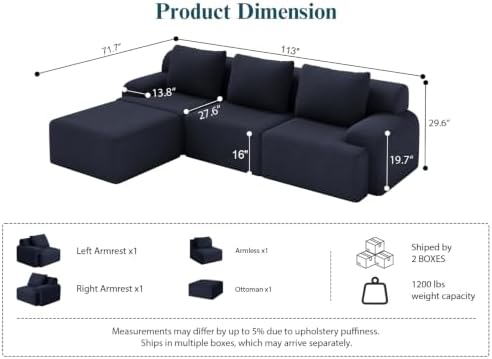113" Boneless Couches for Living Room Oversized L-Shaped Blue-Grey - Image 2