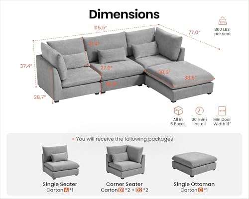 115" Oversized Chenille Modular Sectional Sofa Couches - Image 2
