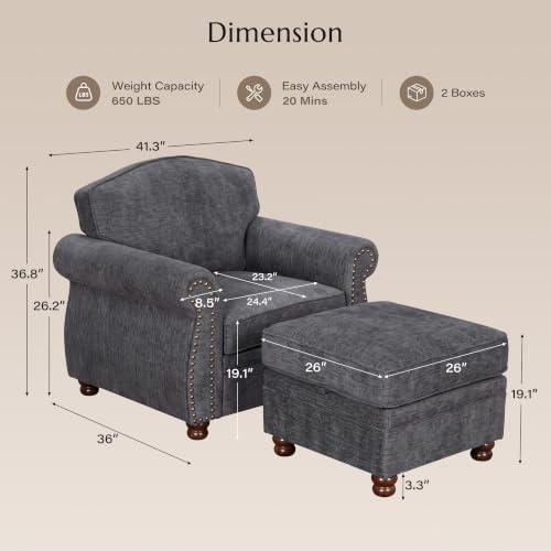 Traditional Accent Chair with Storage Ottoman, Dark Gray - Image 2