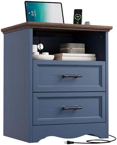 YANSNWO Blue Nightstand with Charging Station, 19.7" 2-Drawer End Table by YANSNWO
