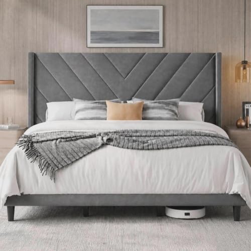 Yaheetech King Bed Frame with Chevron Channel-Tufted Headboard, Light Gray by Yaheetech
